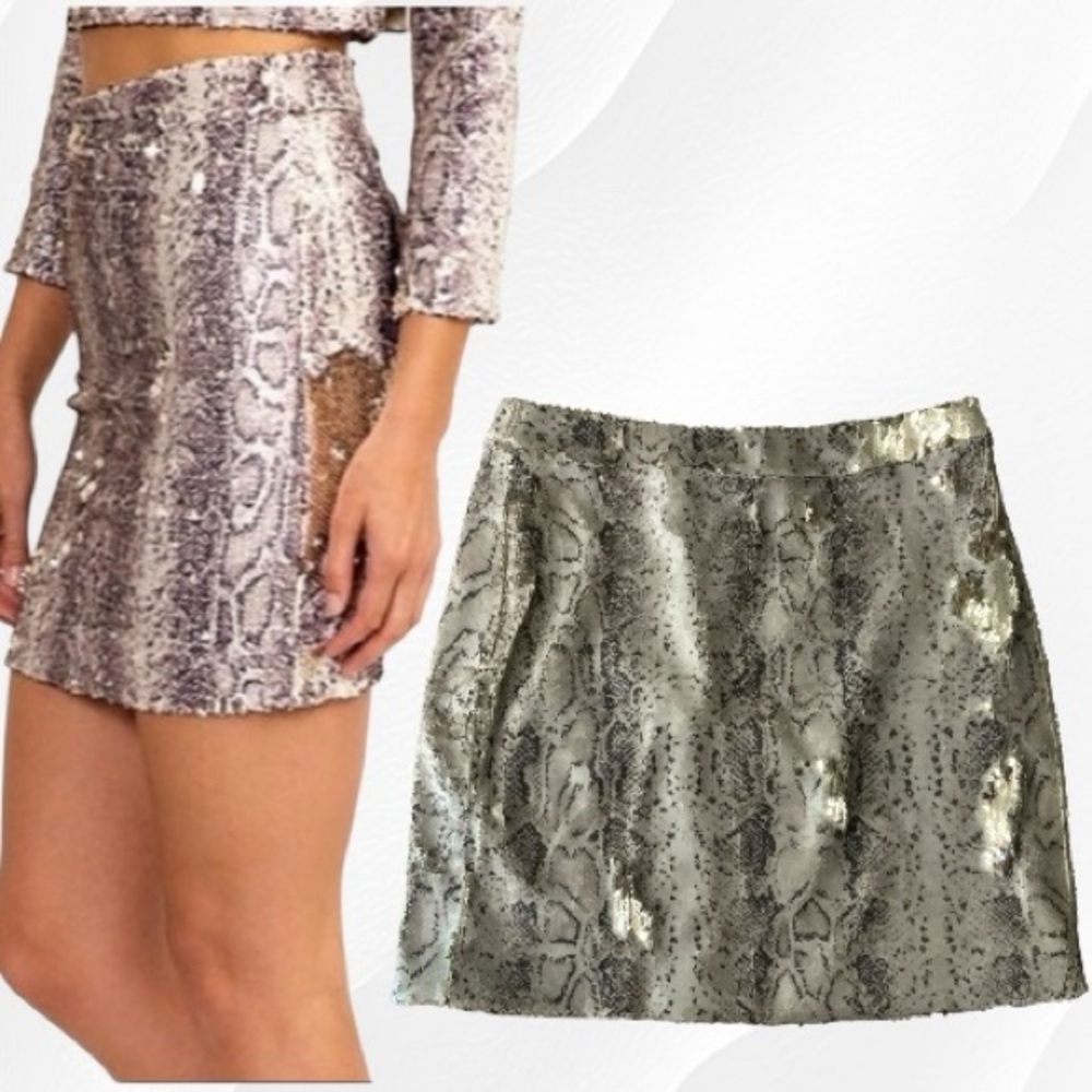 Olivaceous Snake Print / Gold Sequined Flip Mini Skirt Size Small